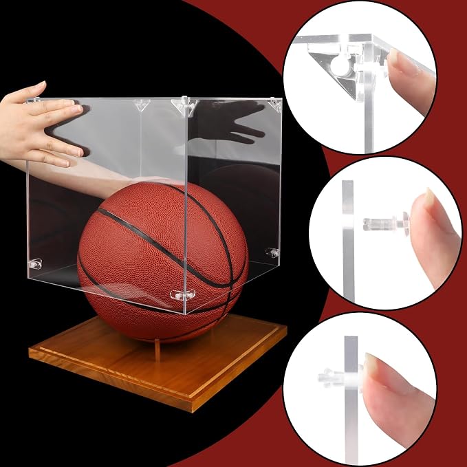 Clear Acrylic Basketball Display Case with Wood Base & Tee, Memorabilia Stand Cube Holder, Dust Protection Transparent Storage Box for Single Ball Souvenir Basketball Collections - Image 6