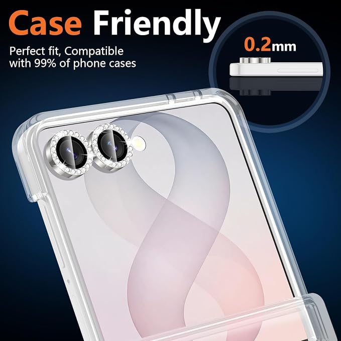 for Samsung Galaxy Z Flip 8 Camera Lens Protector, Individual Metal Ring Tempered Glass Lens Cover, [Strong Adsorption] Scratch Resistant Ultra-Thin HD Clear Lens Cover, 1 Set-Slivery Diamond - Image 6
