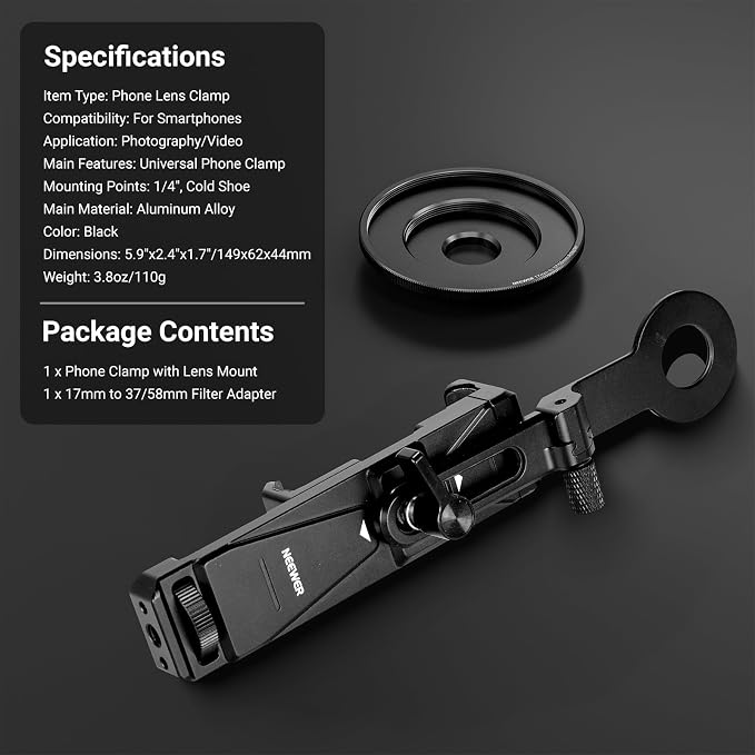 NEEWER Phone Holder with 17mm Phone Adapter & 17–37/58mm Filter Ring, Universal Adjustable Phone Tripod Mount Accessories Compatible with iPhone 17 Pro Max 16 S25 Ultra, PA047 PRO - Image 9