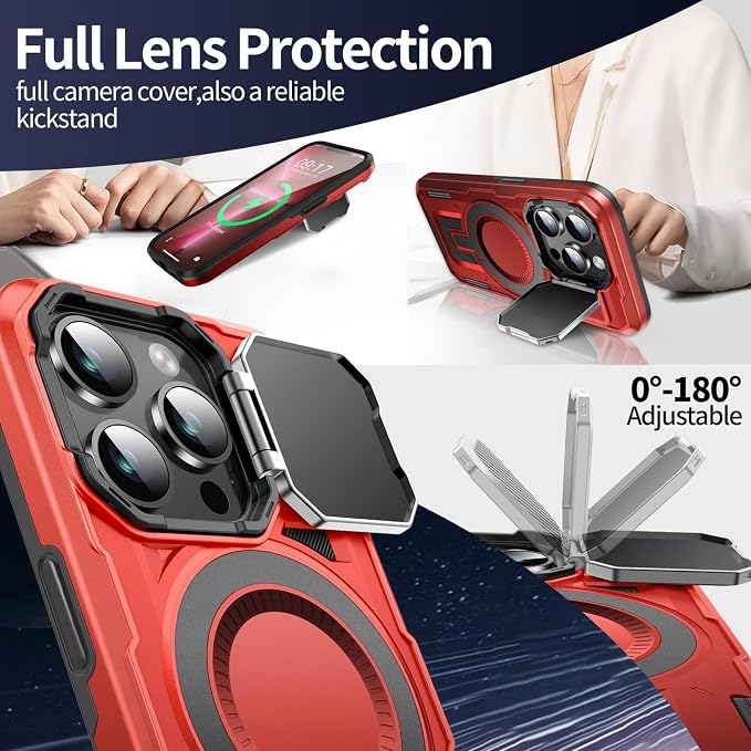 Camera Stand Case for iPhone 13 Pro, [Compatible with MagSafe] [Lens Cover] 2024 Version Military Grade Protective Soft Case for iPhone 13 Pro 6.1 inch Men Women, Red - Image 3