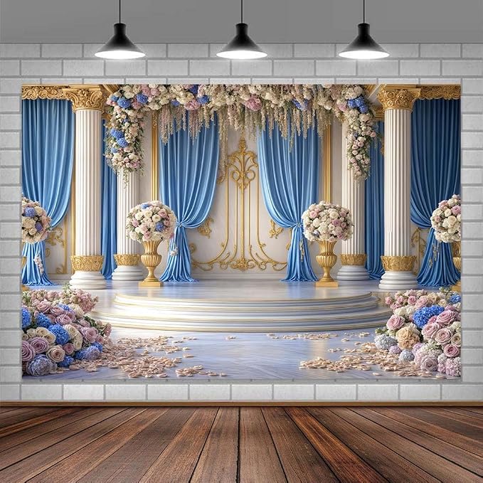 6X4ft Luxurious Blue and White Floral Backdrop for Photography Castle Palace Wedding Party Decortion Elegant Flowers Backdrop Wedding Birthday Party Decorations Bridal Shower Backdrops Studio Props - Image 2