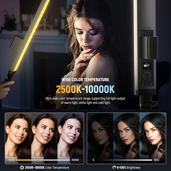 NEEWER Photography RGB Light Stick Kit, 2 Pack LED Video Tube Lights w/Stands, Diffusers, 3250Lux Dimmable Light Wand 2500-10000K CRI95+/TLCI97+ APP/2.4G/Panel Control for Live/Videos/Vlog, BH20C - Image 3