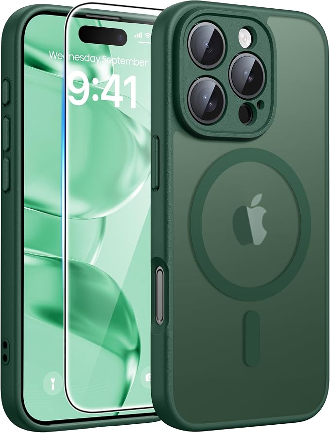 FNTCASE for iPhone 16 Pro Case, Fit for Magsafe, with Screen Protector | Full Camera Protection, Translucent Matte, 14FT Military Grade Drop Proof, Shockproof Protective Phone Cover, Green by FNTCASE