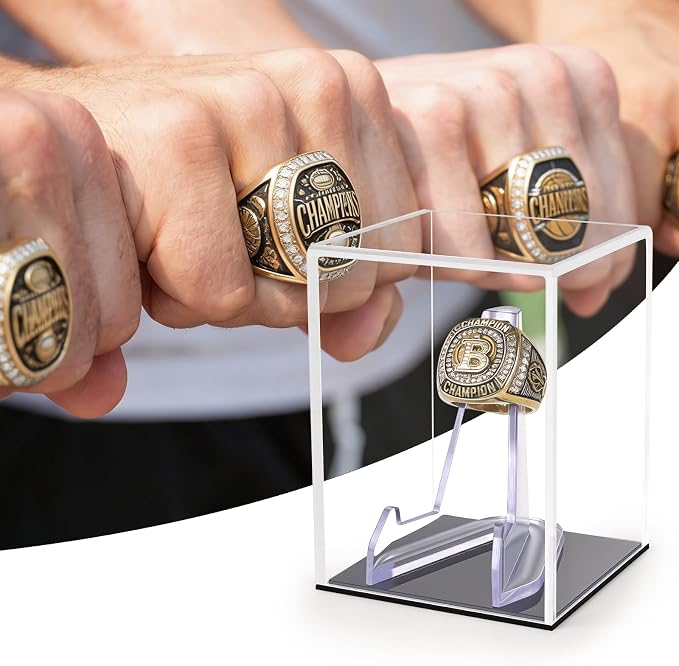 Clear Acrylic Championship Ring Display Case with Black Base, Memorabilia Stand Cube Holder, Dust Protective Transparent Storage Box for Single Rings Souvenir Ring Collections - Image 7