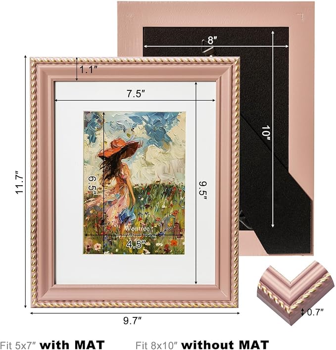 8x10 Picture Frame in Pink with Classic Rope Edge, Solid Wood with Real Glass, Display 8x10 Photos Matted to 5x7, Vertical and Horizontal Desk Tabletop or Wall Hanging - Image 3