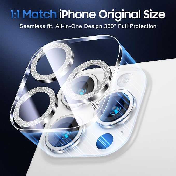 UniqueMe for iPhone 15 Pro/15 Pro Max Camera Lens Protector-Glitter Silver | 3 Pack, Drop Protection, Case Friendly, 9H Tempered Glass, Camera Cover Screen, Update New Version - Image 5