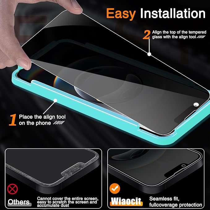 Wiaocit Tempered Glass Privacy Screen Protector for iPhone 16e/iPhone 17e | 3+3 Pack, 9H Hardness, Camera Lens Protector, Installation Frame, Bubble Free, Case Friendly - Image 3
