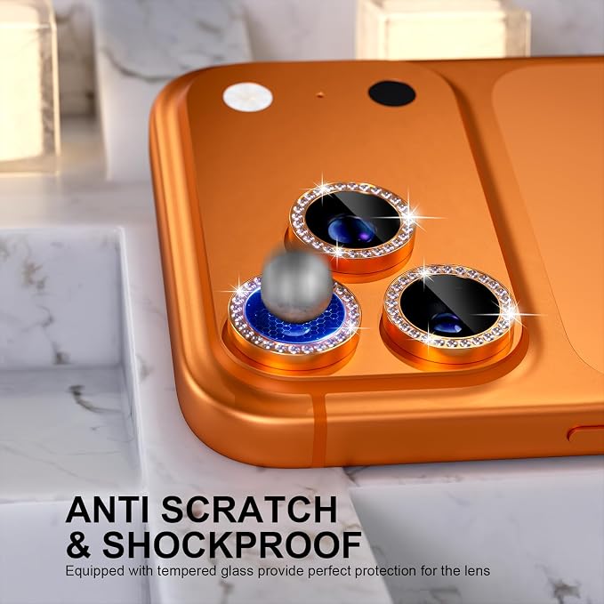 Choiche for iPhone 17 Pro/iPhone 17 Pro Max Camera Lens Protector | Ultra HD, Bling 9H Tempered Glass Camera Cover Screen Protector Metal Ring Decoration Accessories (Diamond-Orange) - Image 3