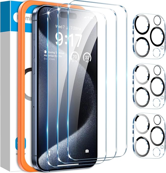 Fotbor [3+3 Pack for iPhone 15 Pro Screen Protector with Camera Lens Protector, Tempered Glass Shatterproof Easy Installation Frame, HD Clear Full Coverage iPhone 15 Pro Accessories 6.1 Inch by Fotbor