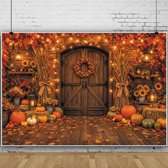 Rustic Barn Wooden Door Fall Backdrop 12x10ft Brick Wall Maple Leaf String Light Thanksgiving Background Pumpkin Sunflower Haystack Harvest Autumn Famliy Party Decorations Vinyl by Leowefowa
