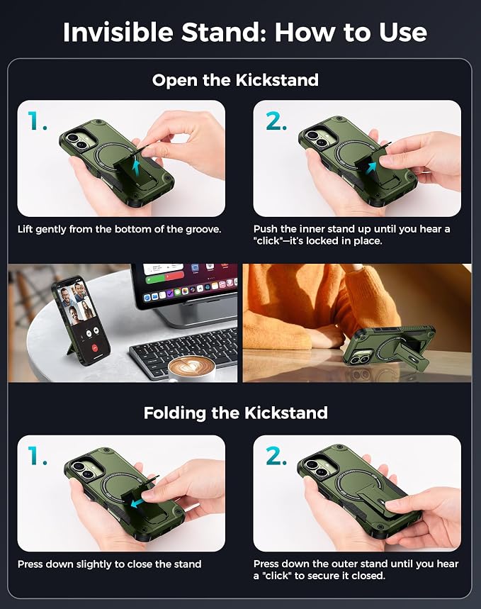 Goton 3 in 1 for iPhone 17 Case with Privacy Screen Protector Green | Glass Camera Lens Protector,Compatible for MagSafe,Invisible Kickstand, Shockproof Phone Cover for iPhone17 - Image 8
