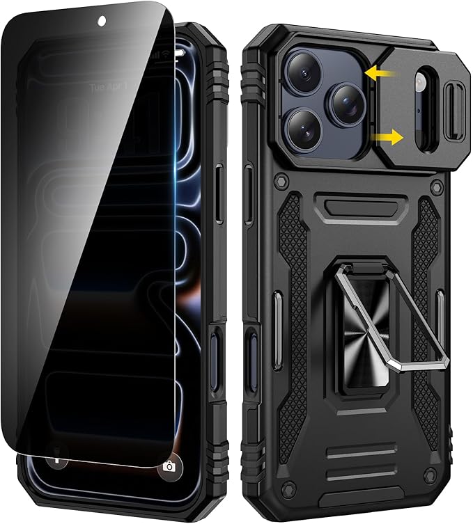 VEGO for iPhone 17 Pro Max Case with Privacy Screen Protector Black | Slide Camera Cover & Ring Kickstand Military Grade Heavy Duty Protection Cover for iPhone 17 ProMax 5G 6.9 Inch - Black by VEGO