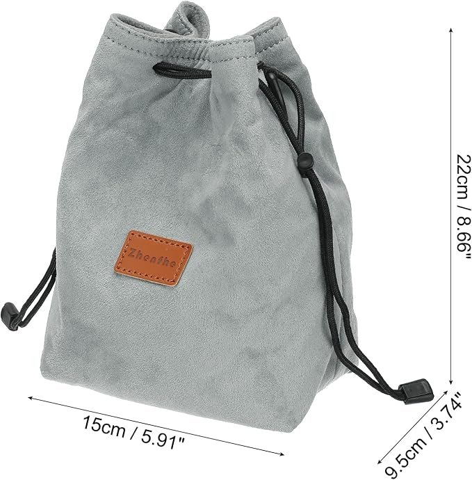 PATIKIL Camera Lens Pouch, M Size Drawstring Lens Case Flannel Camera Lens Handbag Camera Bag with Adjustable Shoulder Strap for DSLR Camera Lens, Grey - Image 2