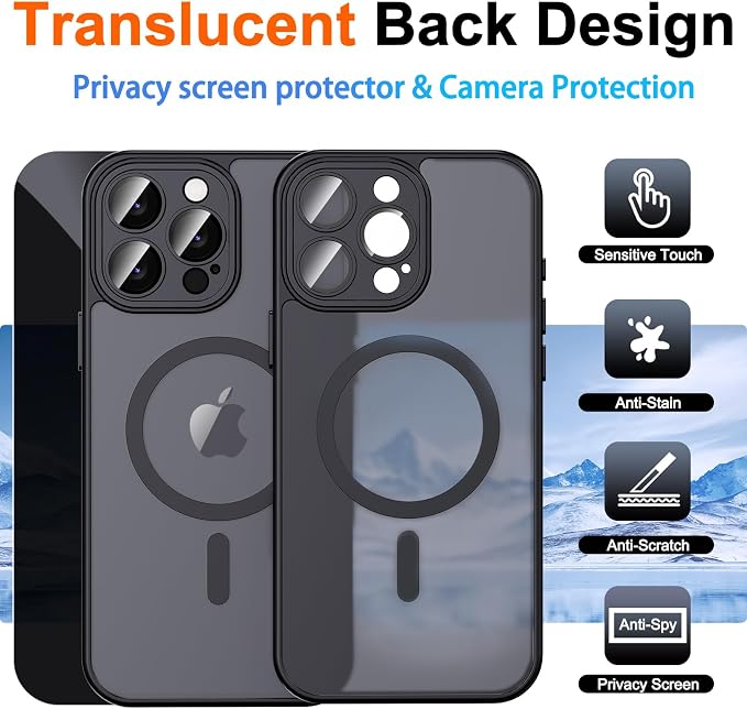 for iPhone 15 Pro Max Case with Privacy Screen Protector, Black | Full Camera Protection, Translucent Matte Magnetic, Compatible with MagSafe, Shockproof Phone Cover, Slim Fit - Image 2