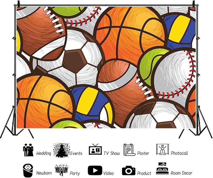 15x8ft Sports Backdrop Kids Sports Theme Birthday Baby Shower Party Photography Background Cartoon Basketball Football Baseball Decorations Banner Kids Portraits Photo Studio Props - Image 2