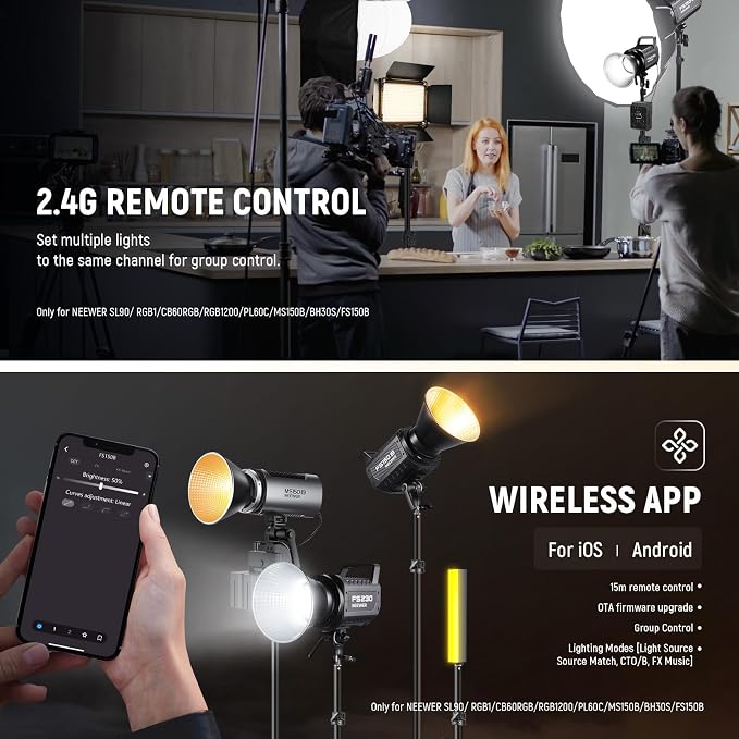 NEEWER FS230 230W COB Video Light 2.4G/APP Control, 110000lux/1m 5600K Daylight Bowens Mount Photography Continuous Output Lighting for Video Recording, Silent Fan, 9 Scenes 4 Dimming Types CRI97+ - Image 7