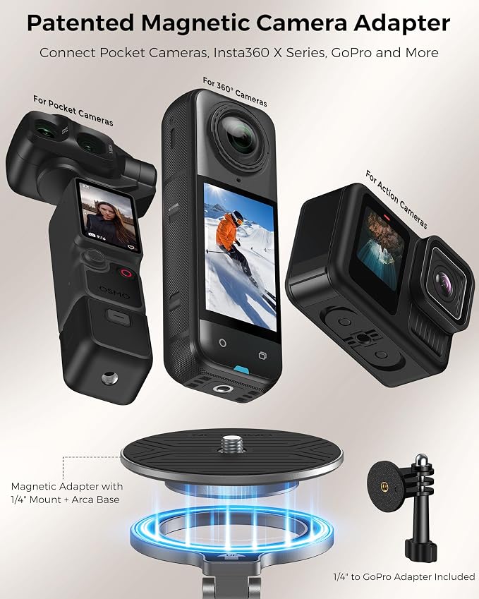 OMOTON TP02-Ultra Multi-Device Camera & Phone Mount with 1/4" Adapter, Grey | Built-In 1/4" & Arca Base, Clamp, Magnetic & Tripod Setups for iPhone, Pocket/Action Cameras, Overhead & Low-Angle Filming - Image 3