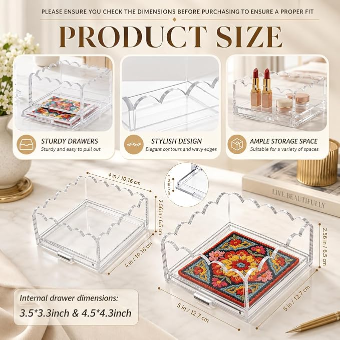 2 Pack Scalloped Acrylic Trays with Insert Drawer, 4" x 4" and 5" x 5" | Clear Display Trays for Needlepoint Inserts, Photos, Art, Fabric, Jewelry Organizer, Vanity and Home Office Desk Decor Gift - Image 6