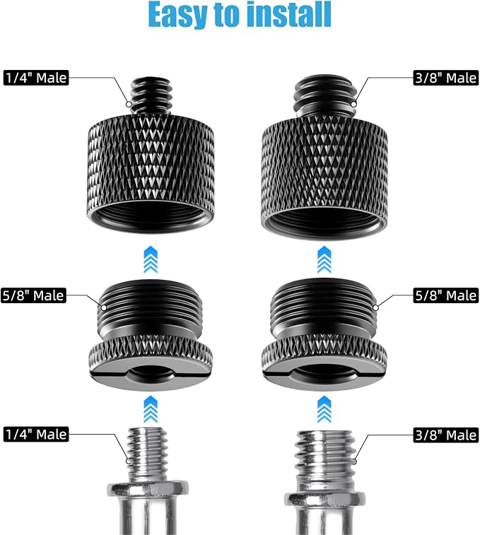 Mic Stand Adapter Set, 5/8 to 3/8 & 1/4 Thread Adapter | 8 Pack, 4 Thread Sizes, Aluminum Alloy, Knurled Grip, Precision Threads, Fits Mic Stands, Boom Arms & Tripods - Image 4