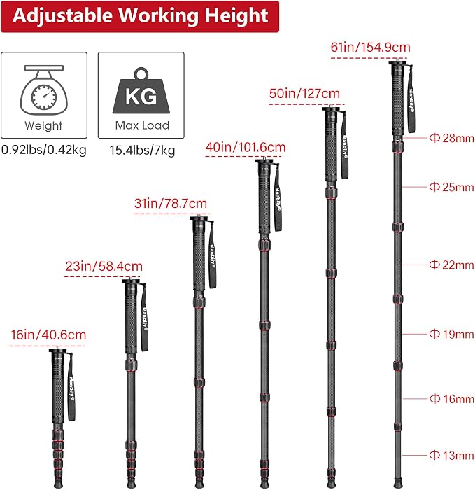 Carbon Fiber Camera Monopod, Portable Compact Lightweight Travel Monopod with Walking Stick Handle for DSLR Canon Nikon Sony Video Camcorder, 28mm Thick Leg, Max Load 22 lbs/10kg - Image 6