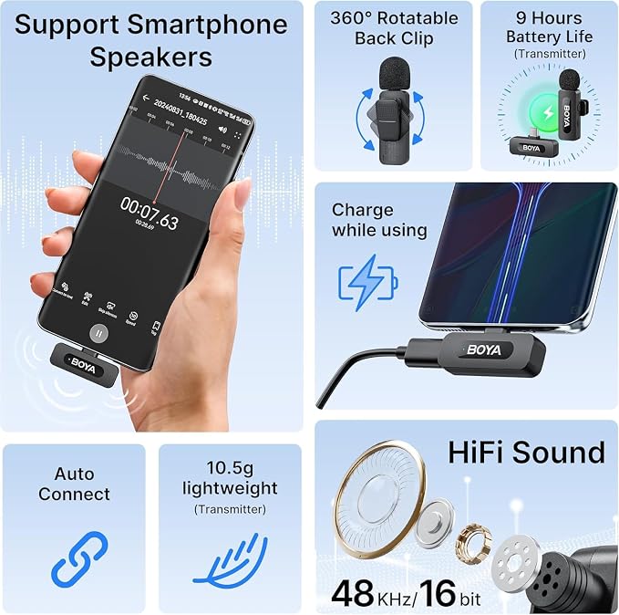 BOYA BY-V10 USB-C Wireless Lavalier Microphone for iPhone16/15 Android, Type-C Smartphone Laptop, Noise Canceling, Mini Clip-on Microphone for YouTube, Podcast, Facebook, TikTok Vlogging Recordings - Image 3