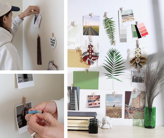 20 Pack Mini Self Adhesive Clips for Pictures - Beige Wood Clip Photo Holders for Wall, Poster Hanger, Photo Cards Hanging Display Board & Picture Boards, Artwork Photos Holders Hangers Room Decor - Image 2