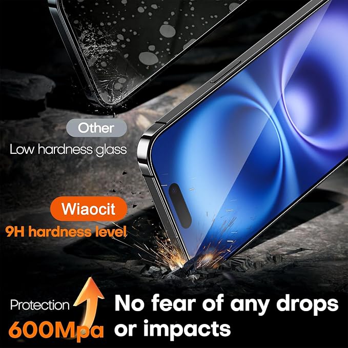Wiaocit Tempered Glass Privacy Screen Protector for iPhone 16 | 3+3 Pack, 9H Hardness, Camera Lens Protector, Installation Frame, Bubble Free, Case Friendly - Image 4