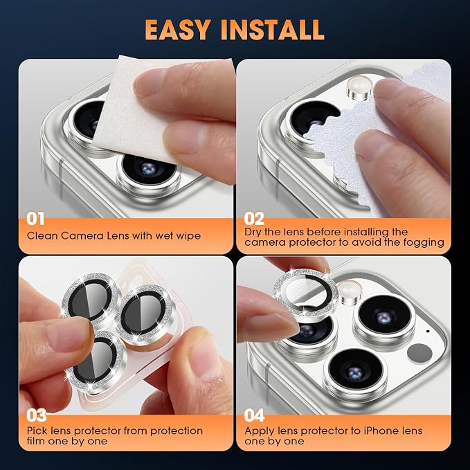 for iPhone 16 Pro/16 Pro Max Camera Lens Protector Glitter, Silver | Individual Metal, 9H Hardness, Scratch Resistant, Shockproof, Drop Protection, Case Friendly, Stylish Accessories - Image 7