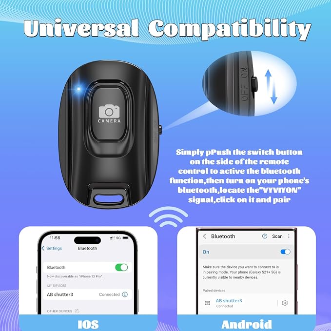 Wireless Camera Remote Shutter for iPhone and Android Smartphones 2 Pack, Bluetooth 5.2 Phone Remote Control Selfie Button for Photos and Videos, Battery Powered, Wrist Strap Included, Black & White - Image 4