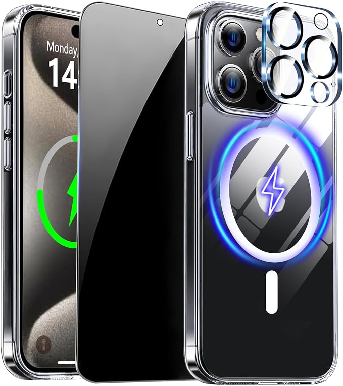 for iPhone 15 Pro Case Clear with Privacy Screen Protector | Full Camera Protection, Transparent Magnetic, Compatible with MagSafe, Shockproof Phone Cover, Slim Fit by ZOZDOKG