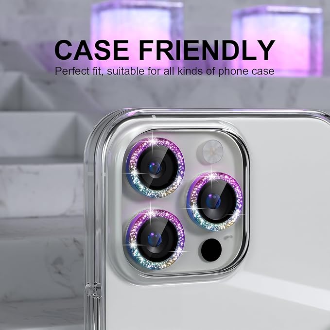 Choiche for iPhone 16 Pro/iPhone 16 Pro Max Camera Lens Protector | Ultra HD, Bling 9H Tempered Glass Camera Cover Screen Protector Metal Ring Decoration Accessories (Glitter-Colorful) - Image 3