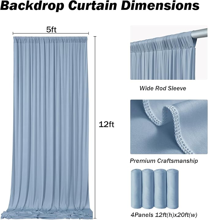 20x12 ft Dusty Blue Backdrop Curtains for Weddings, Birthdays and Photos | 4 Panels 5x12 ft, Wrinkle-Free Polyester Drapes, Washable, Ironable, 4 in Rod Pocket for Baby Showers Photography Background - Image 6