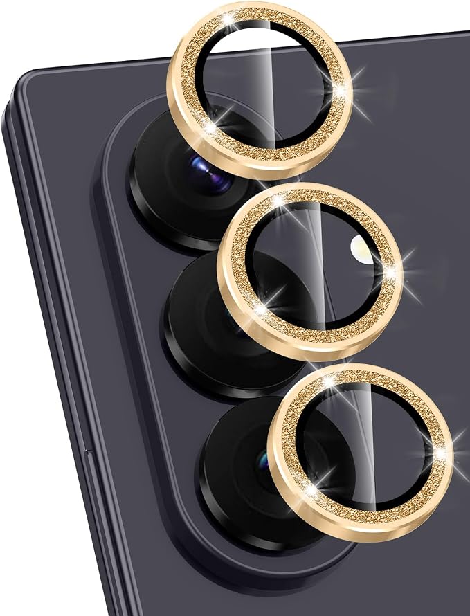 for Samsung Galaxy Z Fold 8 Ultra Camera Lens Protector, Individual Metal Ring Tempered Glass Lens Cover, [Strong Adsorption] Scratch Resistant Ultra-Thin HD Clear Lens Cover, 1 Set-Gold Sparkly by Btscase