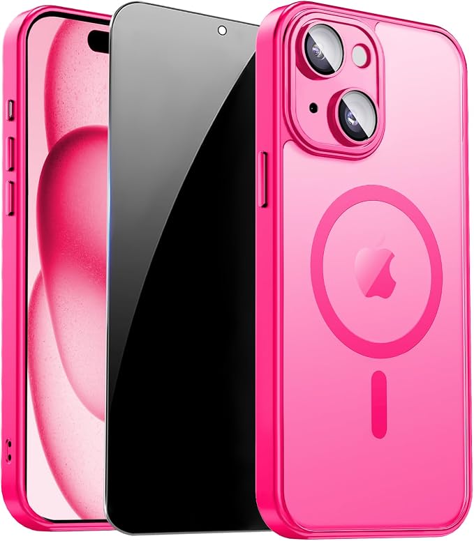 for iPhone 15 Case with Privacy Screen Protector, Hot Pink | Full Camera Protection, Translucent Matte Magnetic, Compatible with MagSafe, Shockproof Phone Cover, Slim Fit Women/Girls by ZOZDOKG