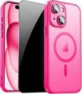 for iPhone 15 Plus Case with Privacy Screen Protector, Hot Pink | Full Camera Protection, Translucent Matte Magnetic, Compatible with MagSafe, Shockproof Phone Cover, Slim Fit Women/Girls by ZOZDOKG