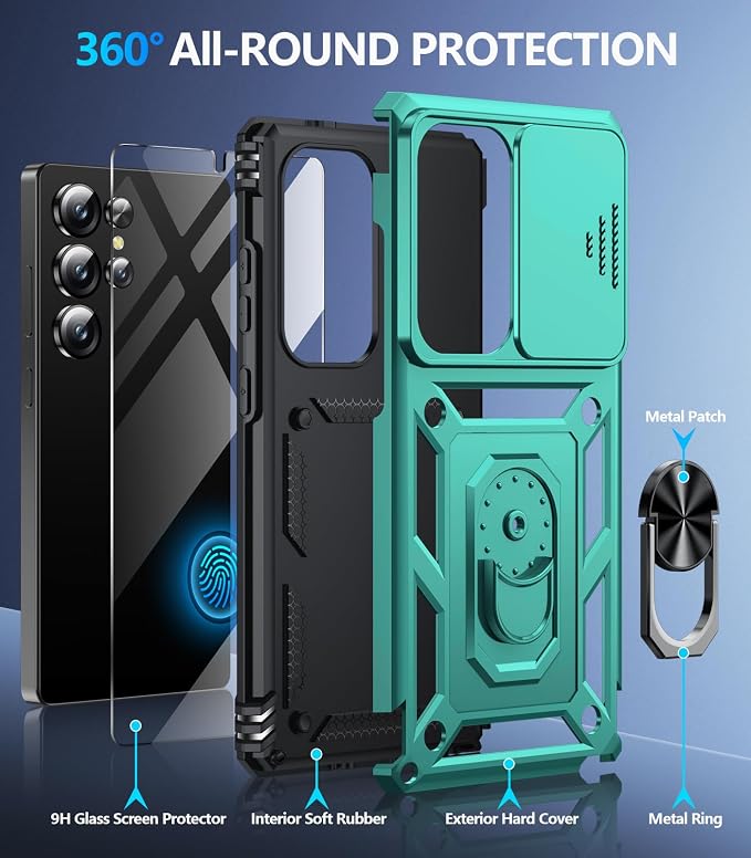 Taisairu for Samsung Galaxy S25 Ultra Case with Screen Protector & Slide Camera Lens Cover, Built-in Magnetic Ring Stand Shockproof Protective Phone Case for Samsung S25 Ultra Case (Mint Green) - Image 2