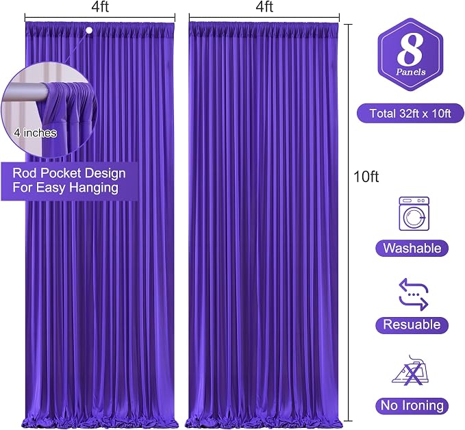Purple Backdrop Curtains - 8 Panel Wrinkle-Free Polyester Photography Drapes for Baby Shower & Birthday Party - 32 x 10FT - Image 2