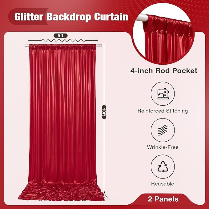 10x10FT Red Sequin Backdrop Curtain for Party - 2 Panels 5x10FT Wrinkle-Free Shimmer Drapes for Birthday, Wedding, Christmas, Decorations & Photography - Image 5