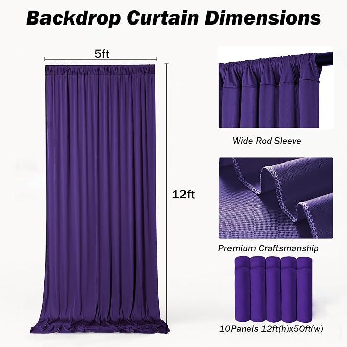 50x12 ft Deep Purple Backdrop Curtains for Weddings, Birthdays and Photos | 10 Panels 5x12 ft, Wrinkle-Free Polyester Drapes, Washable, Ironable, 4 in Rod Pocket for Baby Showers Photography Background - Image 8