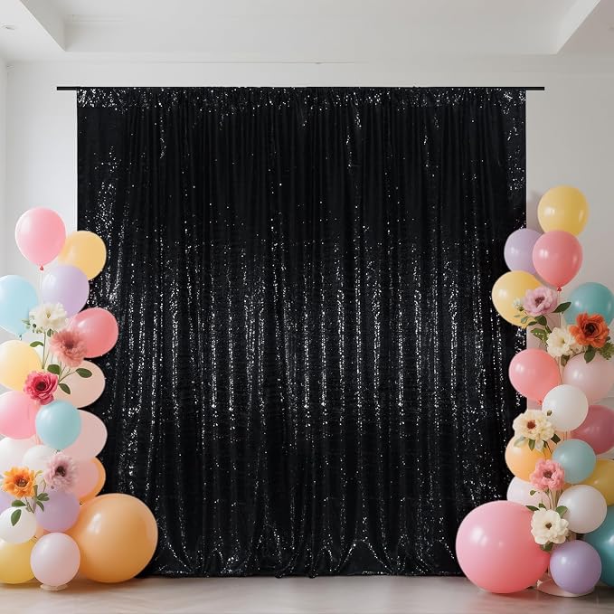 SquarePie 8x8ft Black Sequin Backdrop, High Density Non-Transparent Glitter Curtain for Photography, Birthday, Wedding Party Decorations, Thick Solid Background with 4" Rod Pocket, 1 Panel - Image 8