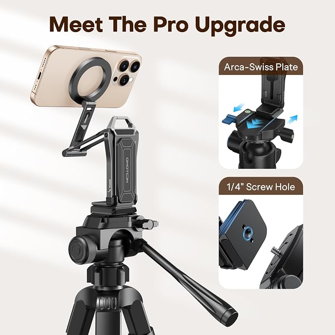 OMOTON 360°Rotating for MagSafe Tripod with 1/4"Screw Arca, Black&Black Pro | Adjustable Magnetic Phone Tripod for iPhone 17/16/15 Pro Max Air, Fold Selfie Stick Fits Vlog, Gym, Travel Essentials, 2Pcs - Image 2