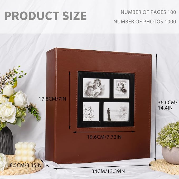 RECUTMS 1000 Photo Album 4x6 Pictures Leather Large Wedding Albums Brown | Extra Large Capacity, Black Page, Horizontal and Vertical Pockets, Anniversary Family Baby Memory PhotoBook, DIY Cover Window - Image 2