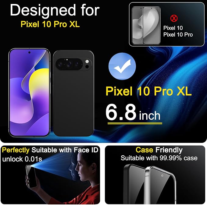 Ferilinso 3 Pack Privacy Screen Protector for Google Pixel 10 Pro XL | 9H+ Tempered Glass, Military-Grade Shatterproof, HD, Case Friendly, Easy Installation Bubble Free - Image 2