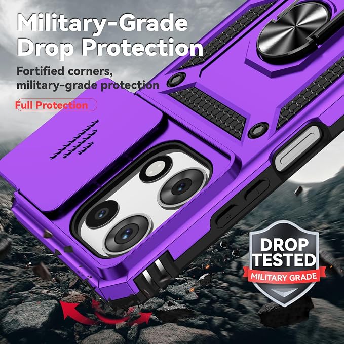 for Motorola Moto G 2025 / Moto G 2026 / Moto G Play 2026 Case, with Slide Camera Cover HD Screen Protector [Military Grade 16ft. Drop Tested] Ring Holder Kickstand Protective Phone Case, Purple - Image 4
