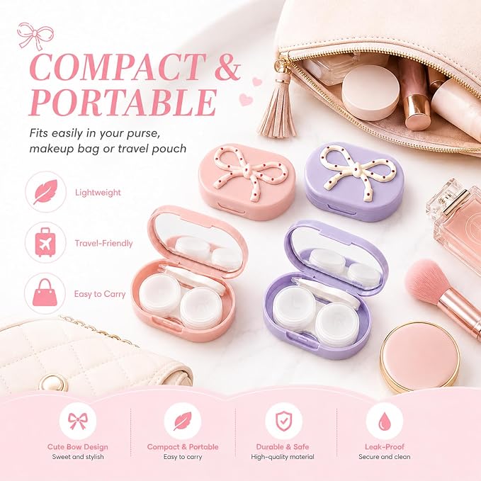 Cute Bow Contact Lens Case, Portable Travel Contact Lens Holder with Mirror, Aesthetic Bow Tie Contact Lenses Kit for Daily & Travel Use (#Style C) - Image 5