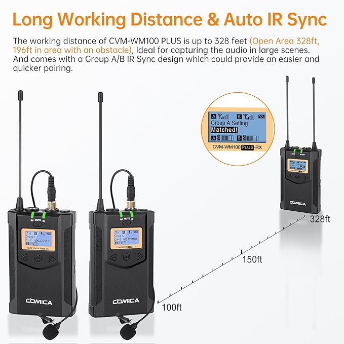 COMICA CVM-WM100PLUS UHF Wireless Lavalier Microphone for Camera Smartphone | 48 UHF Selectable Channel, Noise Cancellation, 160ft Stable Range, Dual Lapel Mic for YouTube TikTok Vlog Interview Stream - Image 5