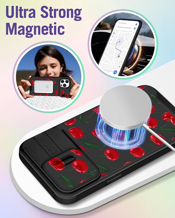 Buleens for iPhone 15 Pro Case 6.1 Inch - with Ring Stand & Camera Cover Aesthetic Cute Designed for Women Girls Girly Kawaii Cherry for Phone Case for iPhone 15 Pro Compatible with Magsafe - Image 4
