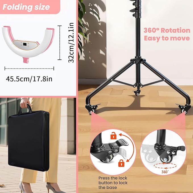 22" Foldable Ring Light with Stand for iPhone ipad, 75" Tripod with Wheels 50W 6500K LED Display/2 USB Ports Large Ringlight Rolling, Tattoo Barber Makeup Studio Video Photography Lighting(Pink) - Image 3