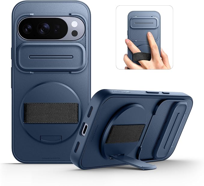 SURITCH for Google Pixel 10/10 Pro Case with 360° Rotatable Hand Strap Phone Grip Holder & Invisible Kickstand & Slide Camera Cover, Protective Cover for Pixel 10/10 Pro -Dark Blue by SURITCH