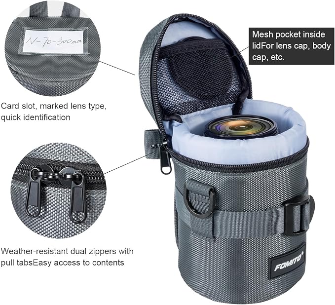 FOMITO M Size Water-Resistant Camera Lens Pouch Bag - Shockproof Protective Case with Mesh Pocket, Compatible with Canon EF-S 17-55mm, Nikon AF-S 18-200mm, Fujifilm XF 56mm & Lenses Under 3.94"x6.1" - Image 6